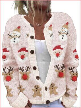 Long Sleeve Button Knit Cardigan Sweater Funny Christmas Tree Animal Elk Pattern